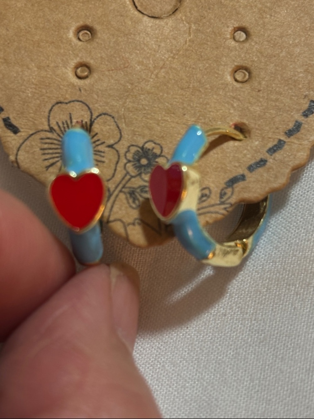 Gold-Tone Hoop Earrings with Red Heart & Blue Enamel